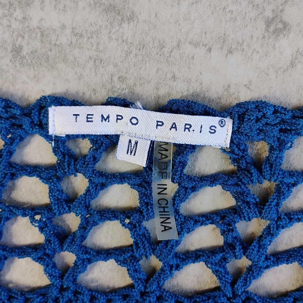 Tempo Paris Asymmetrical Open Knit Top Womens Medium Blue Crochet Boho Lagenlook - Picture 5 of 10